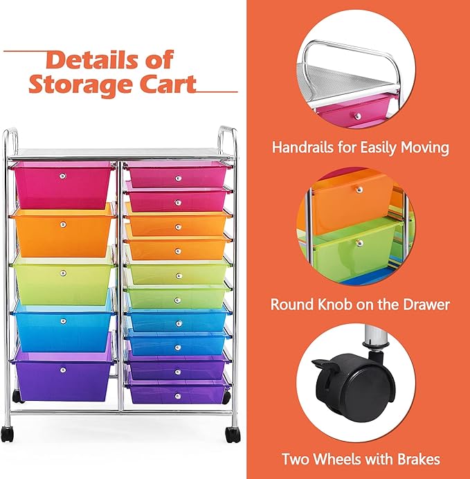 LDAILY 15 Drawer Rolling Storage Cart, Rolling Cart with Drawers for Classroom, Art Supply Craft Organizer on Wheel with Metal Frame & Handles for Home Office School