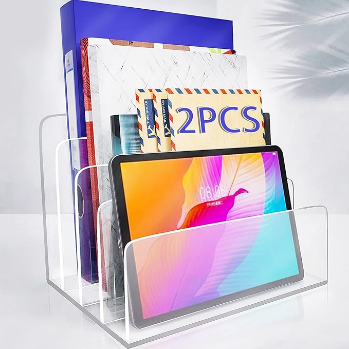 2PCS Clear Acrylic File Organizer, 4 Sections Acrylic Desk Organizer File Holder Sorter for Desk