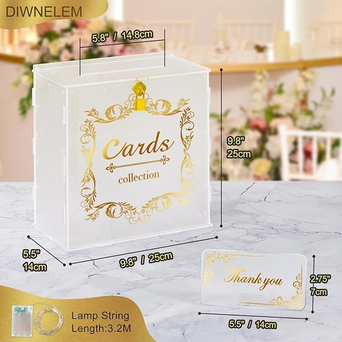 DIWNELEM Acrylic Wedding Card Box with Lock String Light Frosted Large Card Box for Wedding Letter Box Envelope Box Acrylic Gift Card Box Money Box for Party Birthday Reception