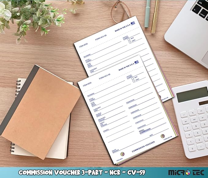 Commission Voucher Book CV-59-3 Part Carbonless Forms, Triplicate NCR Receipt Book, Snap-Out Pre-Punched with File Holes Commission Vouchers, Blue Ink, 4.25 x 5.625 Inch - Pack of 300