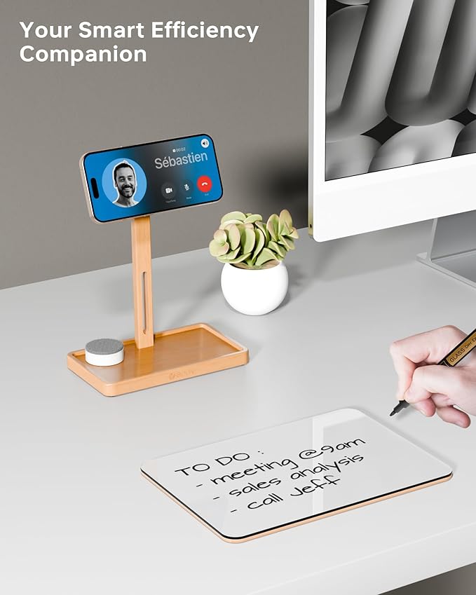 YEOUX Premium Desktop Glass Whiteboard & Magnetic Phone Stand 2-in-1 | 360° Adjustable | Solid Wood | Compatible with MagSafe, Small Dry Erase Board for Office Home Desk