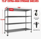 MilleLoom 4 Tier Industrial Storage Shelving Unit 2640LBS Capacity, Heavy Duty Adjustable Metal Shelves w/Wheels & Leveling Feet, Garage, Workshop, Basement Rack Shelf, 73.8" H*23.9" D*59.8" W