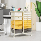 COSTWAY 15 Drawer Rolling Storage Cart, Multipurpose Mobile Storage Organizer w/Removable Drawers & Metal Frame, Utility Tools Paper Organizer on Wheels for Home, Office (Yellow, Beige & Grey)