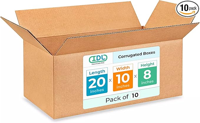 Large Shipping & Moving Boxes 20x10x8 inches (10-Pack) - Extra Strength 200 lb vs Regular - Corrugated Moving Boxes for USPS/UPS - Packing Box for Moving - Shipping Box by IDL Packaging