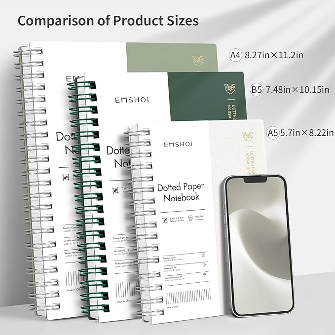 EMSHOI B5 Spiral Dotted Notebook - Bullet Dot Grid Journal with 300 Pages of 100gsm Thick Paper, Waterproof Softcover Notebook for School, Work & Writing - 7.48”x10.15”, Transparent