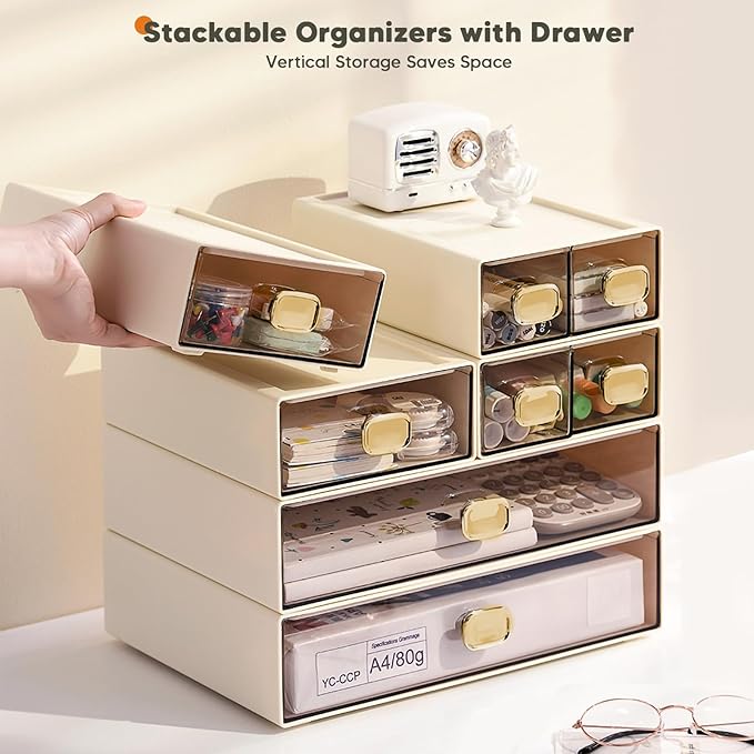 DETEIN 2PACK Stackable Desktop Storage Organizer Plastic Desk Organizer with Drawer Stacking Drawer for Home, Makeup, Vanity, Garage,Office, and Small Organization(M - 2 Drawer, Cream White)