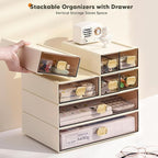 DETEIN 2PACK Stackable Desktop Storage Organizer Plastic Desk Organizer with Drawer Stacking Drawer for Pantry, Locker, Makeup, Vanity, Garage and Small Organization(M - 1 Drawer, Cream White)