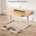 Kingant 63 x 30 Inch Electric Standing Desk with 4 Drawers, Adjustable Height Computer Desk for Home Office, Large Workstation Sit Stand Up Desk with Built-in USB A/C Charging Ports, Nature