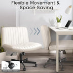 PUKAMI Criss Cross Chair with Wheels,Fabric Padded Armless Cross Legged Office Desk Chair for Home Office,Modern Swivel Height Adjustable Wide Seat(Beige)