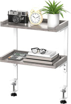 ART-GIFTREE Clamp On Desk Shelf 2-Tier, Wood Shelving Unit for Office Desk/Gaming Accessories, Tabletop Book Storage Rack, Shelf for Top of Desk, Grey