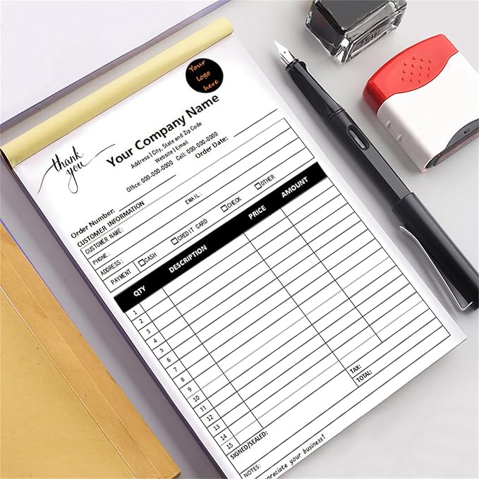 Custom Invoice Book in 3-Part /2-Part Receipt Book with Carbon Copies Personalized Carbonless Service Invoice Form Books Sales Order Book with Company Name Logo Address,C1-Thank You Receipt