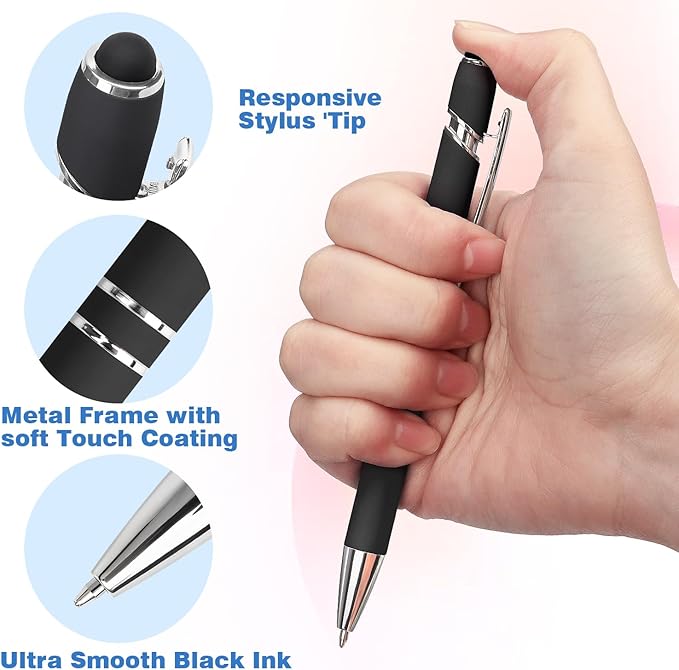 Bribobo 8 Pack Black Ballpoint Pen 2-in-1 Stylus - Retractable Metal Pen With Stylus Tip for Touch Screens, 1.0 mm Black Ink