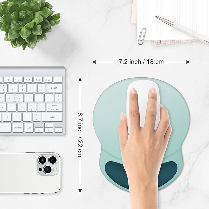 ITNRSIIET Ergonomic Mouse Pad with Comfort Gel Wrist Rest, Non-Slip PU Base, Smooth Textured Surface, Reduces Hand Fatigue & Wrist Pain, 8.7 x 7.2 Inch for Office Gaming Home, Light Green to White