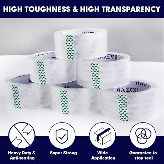 RAZCC Packing Tape, 12 Rolls Clear Heavy Duty Packaging Tape with Dispensers for Packing, Shipping, Moving and Mailing, Thicker Sealing Tape-1.88" x 65 Yards Per Roll, 780 Total Yards