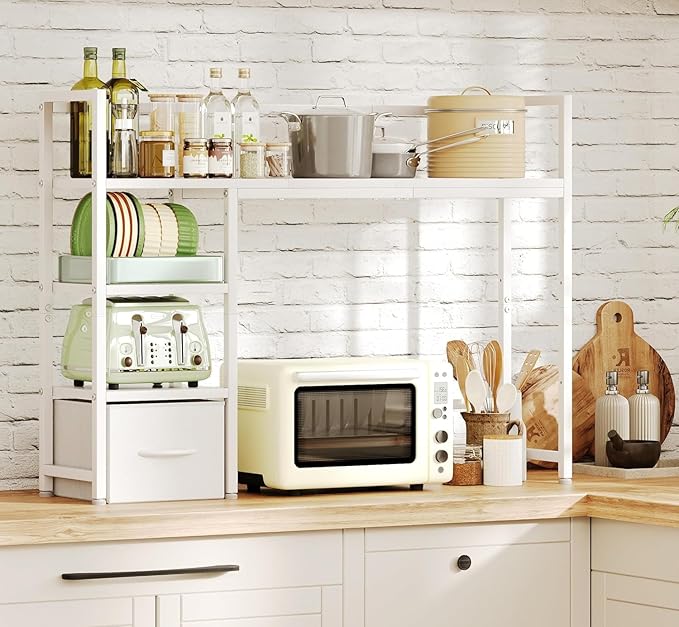 Desk Shelf with Drawer, 41.3" Desktop Organizer Shelf, Desk Hutch for Computer Monitor Max 32", 3 Tier Desktop Display Rack, Wooden Desk Top Bookshelf Storage Rack for Home Office Dorm, White