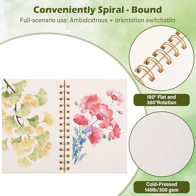 Watercolor Paper Pad 8" x11” (26Sheets, 140lb/300g), Spiral - Bound with Tear - Line. Artist-Grade Mixed Media Sketchbook- Water Color Paper for Adults Kids-Watercolor Sketches,and Art Journals