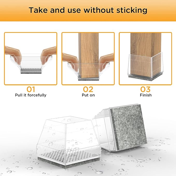 Square Chair Leg Protectors for Hardwood Floors,16 Pcs Silicone Felt Furniture Legs Caps to Prevent Floor from Scratches and Reduce Noise, Easy to Move, (Fit: 2.25" -2.75" Clear).