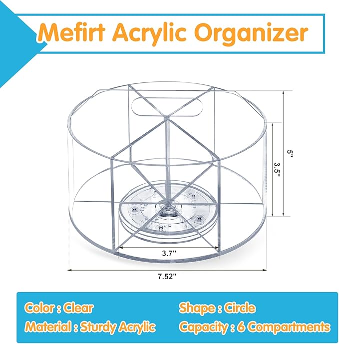 Acrylic Pen Holder, 360 Degree Rotating Pen Organizer, Rotating Desk Acrylic Office Organizer with 6 Compartments, Marker Organizer for Kid, Crayon Caddy School Art Supply Storage Organizer