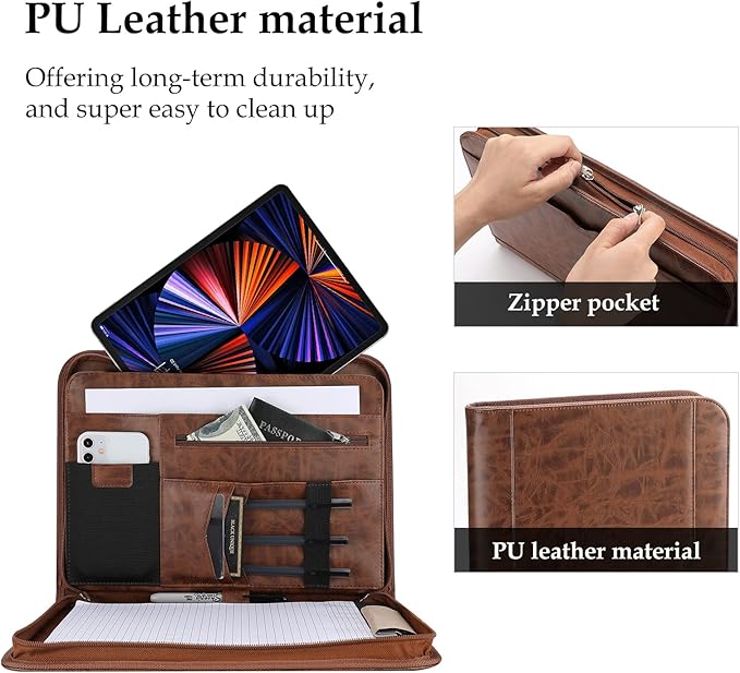 ProCase Portfolio Business Padfolio Folder with Zipper, Conference Meeting Executive File Legal Document Organizer with Pockets Letter Size A4 Writing Pad Notepad Padfolio -Brown