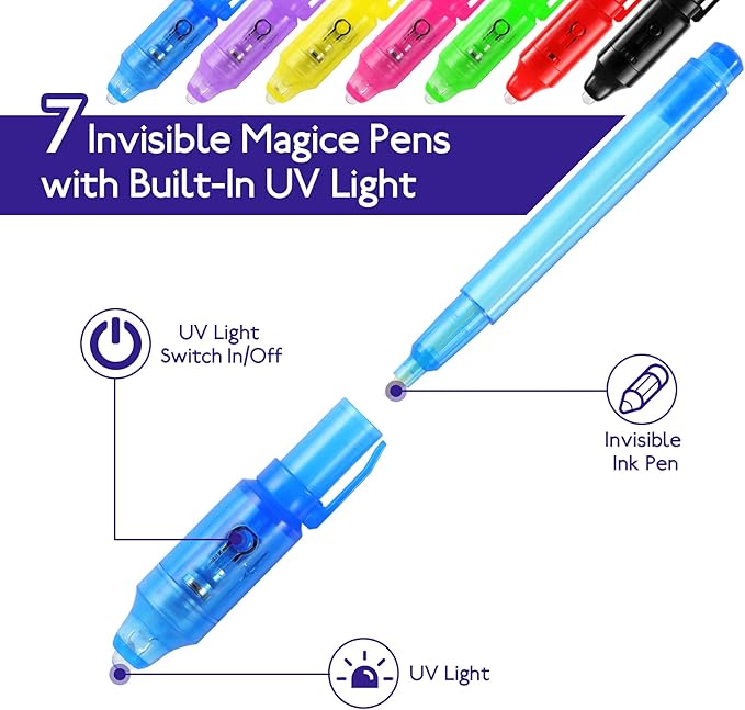 7PCS Invisible Ink Pens with UV Light Party Favors for Boys and Girls, Detective Magic Pen Disappearing Ink for Kids 8-12, Stocking Stuffers, Classroom Prizes