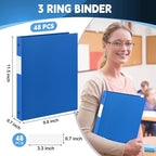 Henoyso 48 Pcs 3 Ring Binder 0.5 Inch Round Fits Letter Size 8.5'' x 11'' Paper Plastic Flexible Binder Bulk Holds 140 Sheets with 1 Pockets Versatile Organizer for Home Office School (Blue)