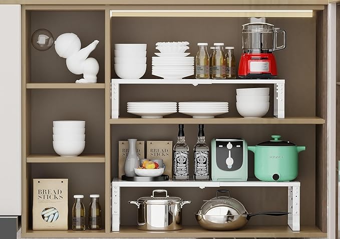 Jojocross Expandable Cabinet Shelf Organizer Storage Spice Rack Shelves for Kitchen Stackable Adjustable Pantry Cupboard Bathroom Countertop Desktop(2Packs/White/Large)