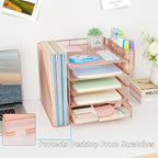Gugsey Desk Organizer, 5-Tier Paper Letter Tray Organizer with File Holder, Drawer and Pen Holder, Desktop Organizer for Office Supplies, Rose Gold
