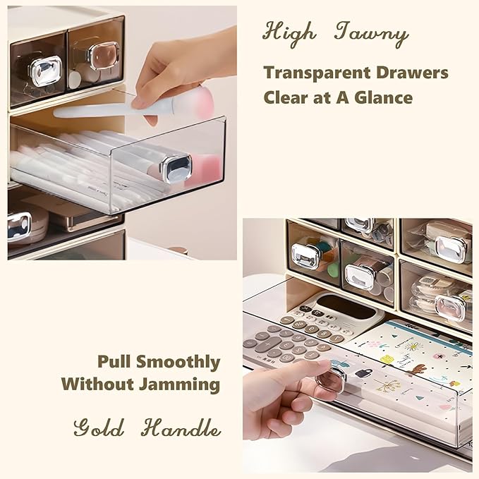 Spacious Desk Drawers, Stackable Desktop Organizer, Plastic Storage Box for Office, School & Home Supplies (1 Middle & 2 Small Drawers, Cream)