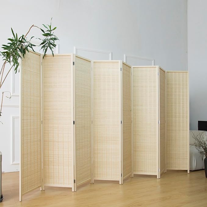 Furnnylane 8 Panel Room Divider and Folding Panel Screen,Bamboo Panel Divider Screen for Room Separation,Beige,67" H x 122.8" W