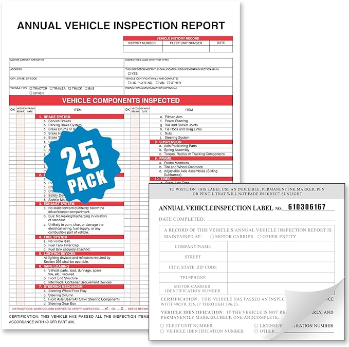 Annual Vehicle Inspection Report Form 25-pk 3-Ply Carbonless, 8.5" x 11.75" + 2-Ply Vinyl with Mylar Laminate Label 5" x 4"