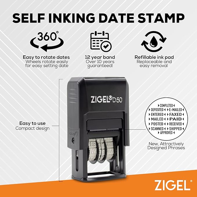 ZIGEL D50 Date Stamp with Your Custom Text - Self Inking Date Stamp - Black