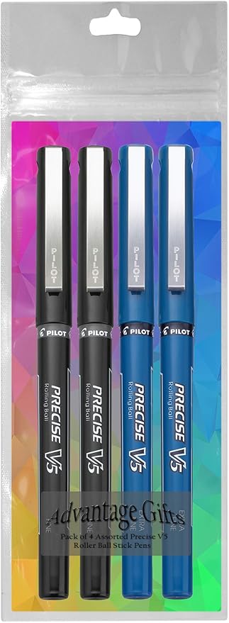 Precise V5 Stick Rolling Ball Pens, Extra Fine Point (.5mm), Assorted Colors Black/Blue Ink, 4-pk; Bundle with Plastic Reusable Pouch