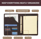 Geslun Personalized Genuine Leather 3 Ring Binder, Custom Engraved 8.5 x 11 Letter Size Folio with Pen Holder, Soft Notebook Portfolio Cover, Notepad Padfolio Organizer for Meeting, Dark Brown