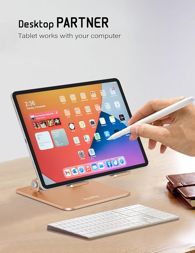 Aoviho Tablet Stand Holder for Desk Adjustable Tablet Holder, Foldable Aluminum Desktop Tablet Holder for iPad Samsung Galaxy Tabs Amazon Kindle Fire,All Tablets 4-12 inch, Gold