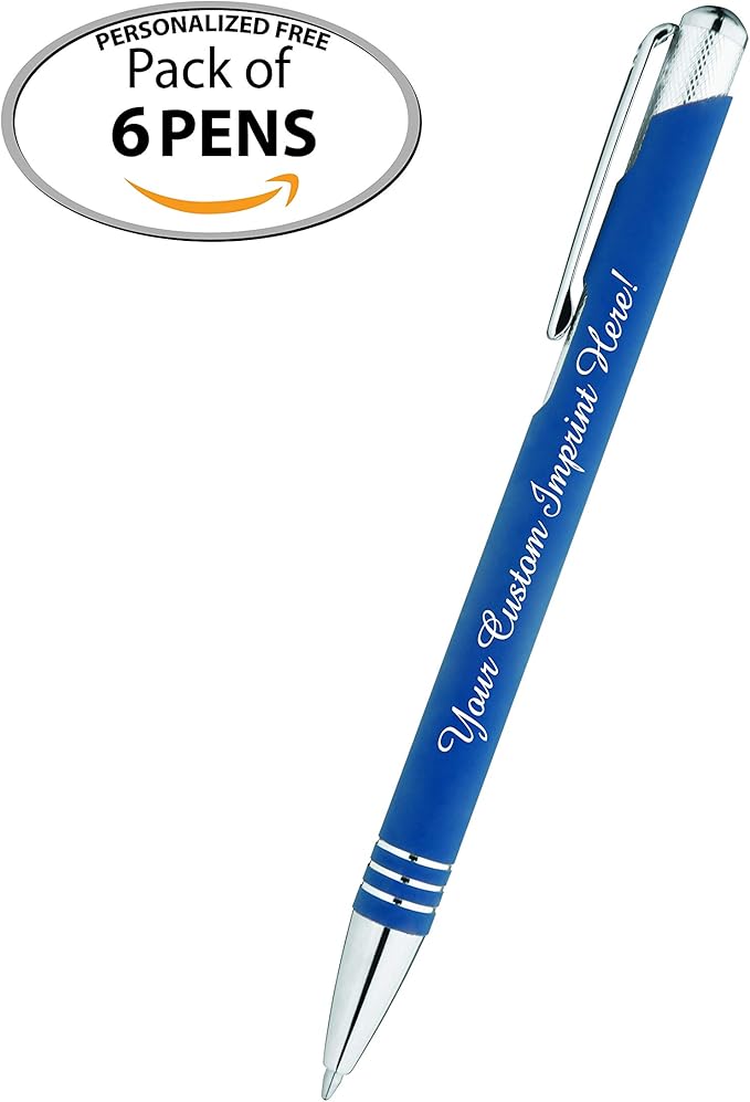 ExpressDesigns™ - Blue Ink Personalized Pens Rubberized - The Cameron - Custom Printed Name Pens - Imprinted with Logo or Message - Includes Personalization - 6 Pack (Blue)