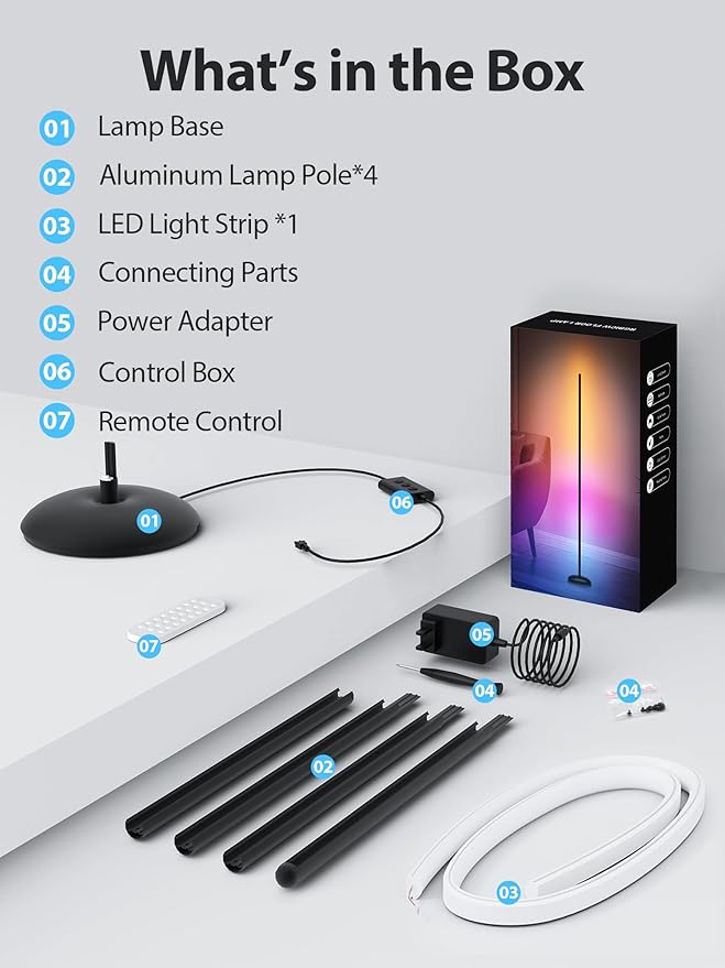 Vexinat Corner Floor Lamp, Smart RGB LED Corner Lamp with App & Remote, Modern Floor Lamp with 16 Million Colors, Music Sync, Scene Modes, Color Changing Standing Lamps for Living Room, Bedroom