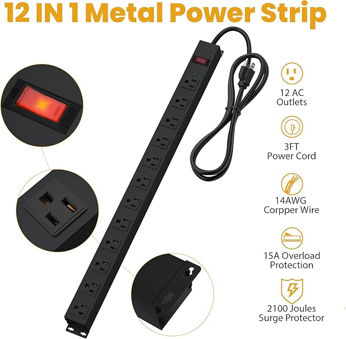 12 Outlet Long Power Strip Surge Protector with 2100 Joules, 3FT Power Cord, Wide Spaced Outlet Power Bar, Overload Protection Switch, Industrial Heavy Duty for Work Bench, Shop, Garage (Black)