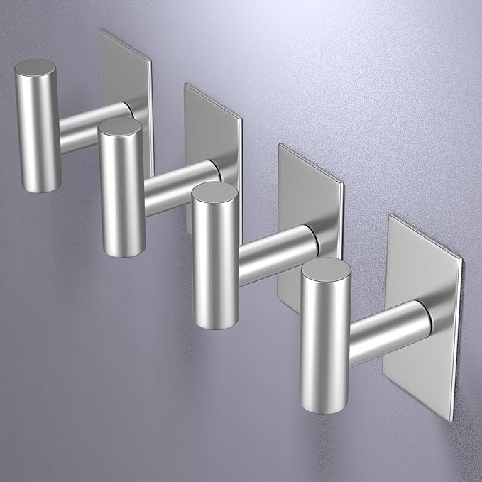 VAEHOLD Wall Towel Hooks, Heavy Duty Sticky Holder Waterproof Towel Hooks for Hanging Coat, Clothes, Closet Hook Wall Mount for Kitchen (Silver, 4 Pack) | Heavy Duty, Sticky Holder, Waterproof, Towel Hooks, for Hanging Coat, Clothes