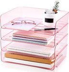 Harloon 4 Tier Acrylic Paper Tray 13 x 9.8 x 3 Inches Stackable Letter Clear Organizer No Need to Assemble Acrylic Paper Organizer File Tray for Office Workspace Desktop Storage (Transparent Pink)