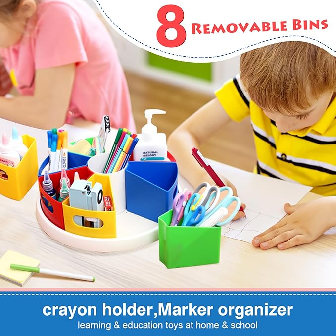 360 Degree Rotating Kids Desk Organizer, Colorful Art Supply Storage and Organization with 8 Removable Compartments, 12" Durable ABS Material for Classroom & Home Use – Perfect Teacher and Child Gift