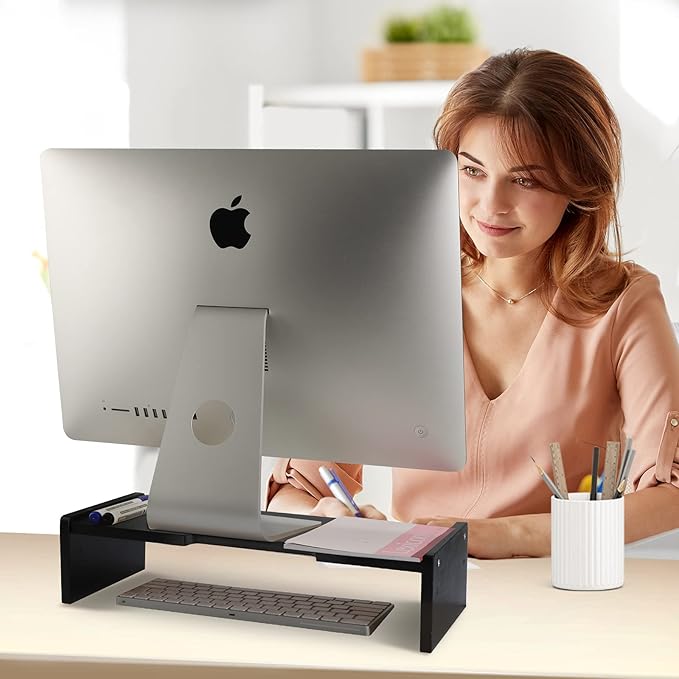 KINLINK Solid Wood Monitor Stand Riser, Monitor Riser with 2 Adjustable Height, 15.8 inch Computer Riser for Computer, iMac, PC, Printer, Computer Monitor Stand for Home & Office, Black