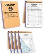 Custom Carbonless Invoice Book with Logo, Personalized Cover & Inner Pages, 2 Part NCR Receipt & Work Order Forms, Easy Tear, Writing Shield for Small Business (2-Part [White/Blue], 11.8x8.3INCH)