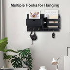 Lwenki Wall Mount Key Holder with Mail Organizer, 100% Paulownia Wood, 7 Metal Hooks, Storage Drawer, Entryway Home Decor (Black)