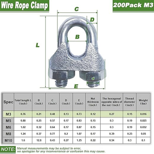200 PCS 1/8 Inch Wire Rope Clamps, M3 Heavy Duty Galvanized Wire Cable Clamps for Tent Ropes, Boat, Clotheslines, U-Bolt Saddle Fasteners for Secure Connections