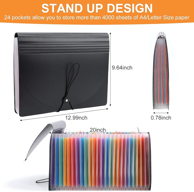 Accordion File Organizer, 24 Pockets Expanding File Folders, Portable Letter A4 Size Filing Box with Colored Labels and Expandable Cover, Monthly Bill Receipt Documents Organizer Black