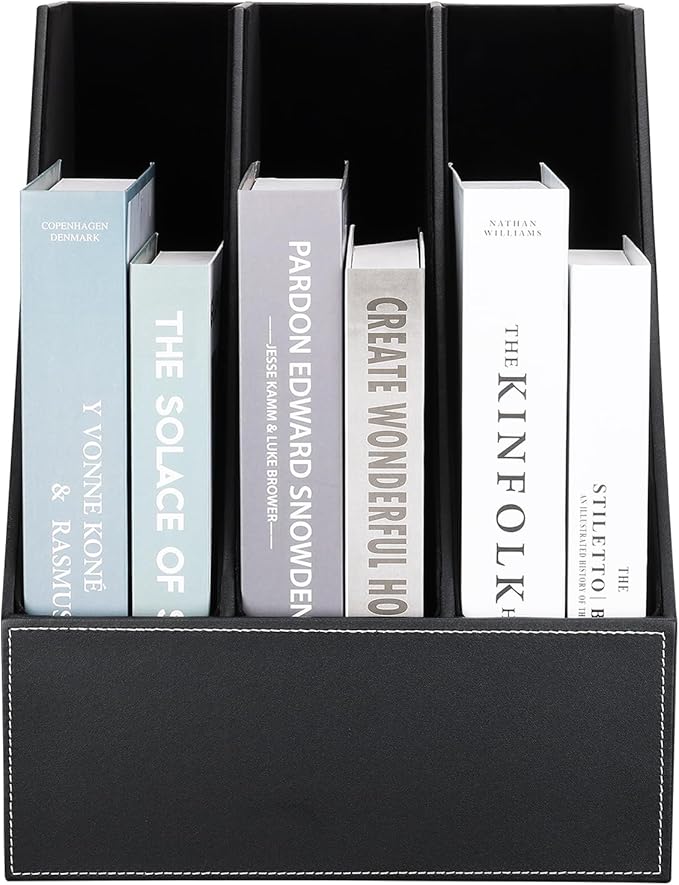 KINGFOM Desktop Wooden Leatherette Magazine File Holder-Organizer-3 Compartment Stand Rack-Papers Storage Box (black)