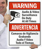 SmartSign 24 x 18 inch “Warning - Audio & Video Surveillance On Duty At All Times” Bilingual Sign, Digitally Printed, 55 mil HDPE Plastic, Red, Black and White, Made in USA