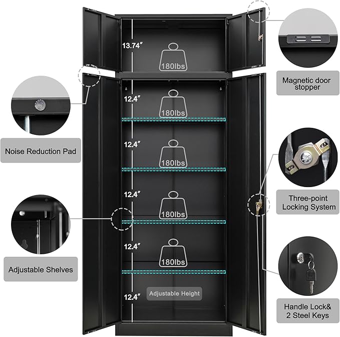 TaskStorz Storage Cabinet, 87 Inch Tall Metal Storage Cabinet with Doors and Shelves,Heavy Duty Metal Cabinet, Pantry Cabinets for Kitchen Storage, Garage Cabinet for Living, Dining Room.