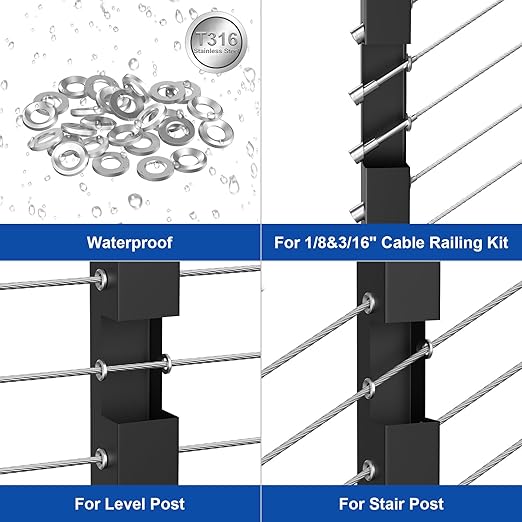 BLIKA 60Pack Cable Railing Adhesive Sleeves for 1/8" 5/32" 3/16" Wire Rope Cable, T316 Stainless Steel, 2.8mm Thickness Cable Railing Protector Adhesive Sleeves for Deck Stair Cable Railing Post Kits