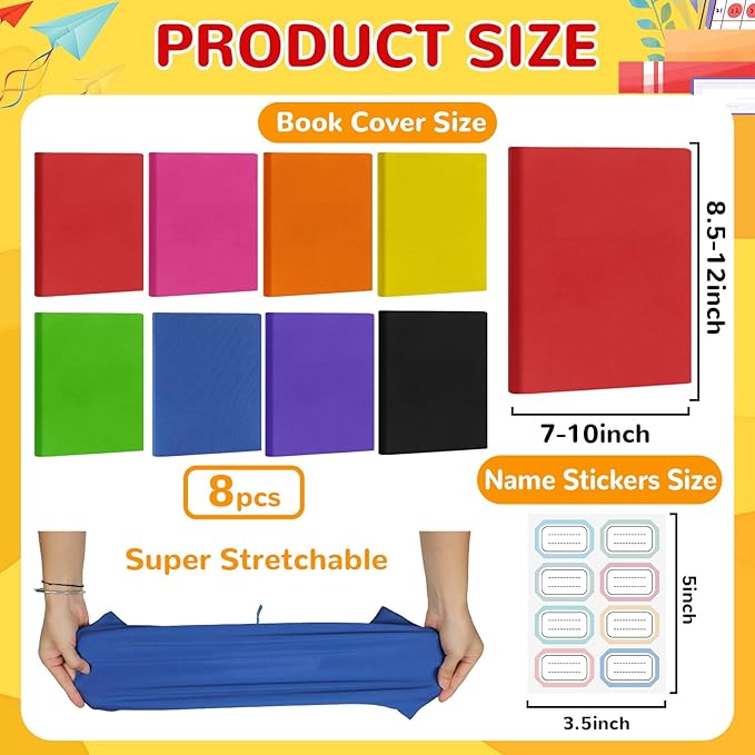 Jumbo Book Covers 8 Pack Reusable Fabric Book Cover Protective Books Covers 9 x 11 Inch Colorful Stretchable Books Sleeve Cover with Label Sticker for Most Hardcover Textbooks Up to 10 x 12.5 Inch